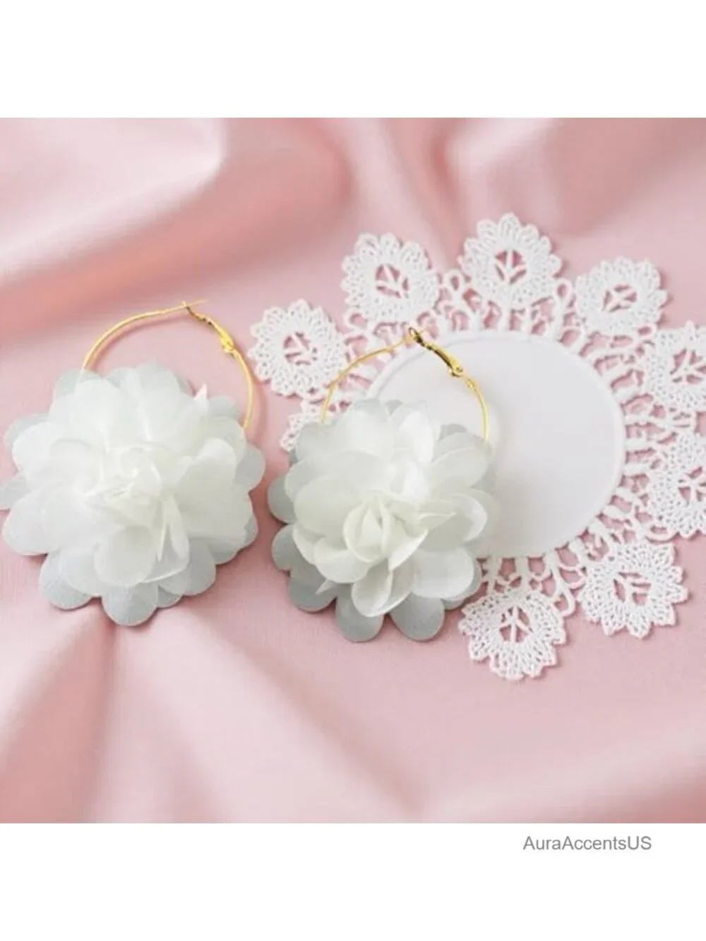 Gold Plated Organza Flower Hoop Earrings Lightweight Statement Jewelry Women